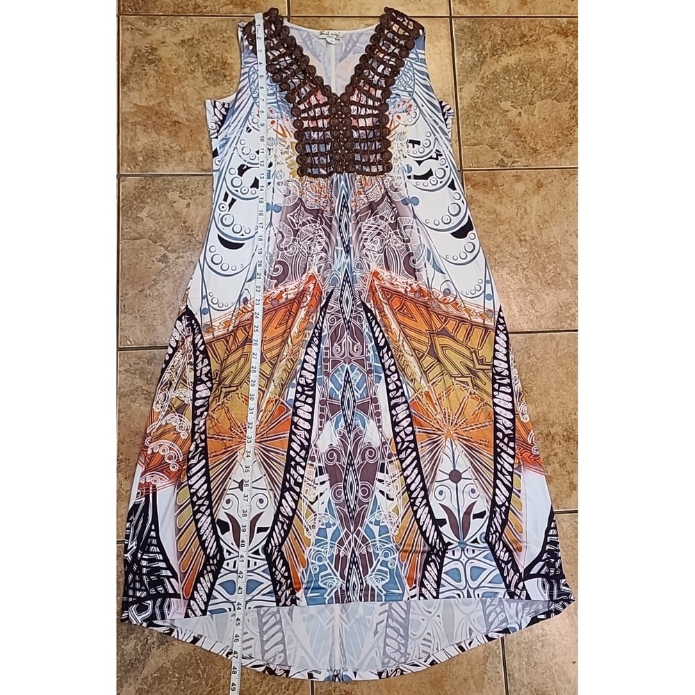 World Unity Stretchy Multicolor Sleeveless Dress Sz 1X Brown Beige Resort Tribal